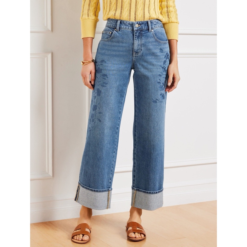 Talbots Wide Straight Ankle Cuffed Jean Botanical Wash Embroidered 10P Boho